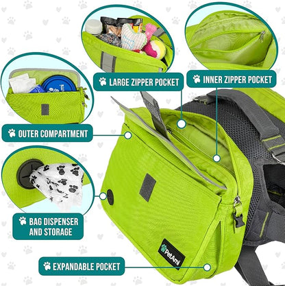 PetAmi Dog Backpack for Medium Large Dogs, Dog Saddle Bag for Dogs to Wear, Harness Saddlebag with Reflective Safety Side Pockets for Hiking, Camping, Vest Dog Pack for Travel (Green, Medium)