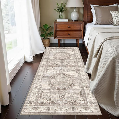 Hallway 2x5 Washable Runner Rug: Oriental Stain Resistant Entryway Kitchen Rug Farmhouse Soft Carpet for Bathroom Bedroom Thin Laundry Room Floor Mat with Non Slip Backing for Pets Family(2x5,Beige)