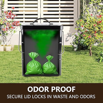Small Dog Poop Trash Can Outside,1.5Gal/6L Metal Dog Waste Trash Can with Lid/Filter/Handle,Pet Waste Container Bucket with 75 Trash Bags-Black