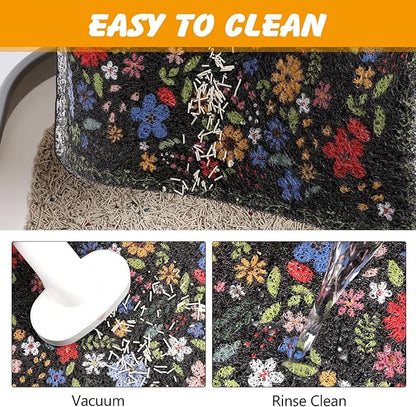 Cat Litter Mat, 20x15 in Litters Box Mat Waterproof Non-Slip Easy to Clean Washable Trapping Mat for Kitty(Black Leaves)