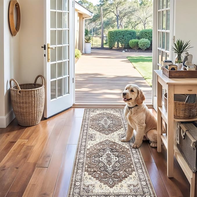 2x6 Washable Entryway Runner Rug: Vintage Indoor Non-Slip Ktichen Floor Mat Soft Stain Resistan Carpet for Bedroom Bathroom - Eco-Friendly Design for Families with Kids(Brown,2x6)