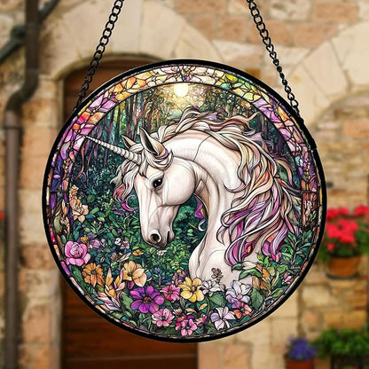 Stained Glass Window Hanging, Unicorn Flowers Suncatcher for Doors Home Sun Catchers Decoration and Christmas, Mother's Day Birthday Gifts for Women, Men, and Mom 9.8 in