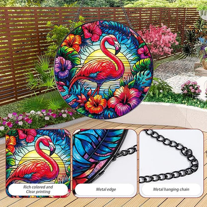 Stained Glass Window Hanging, 7.8″ Flamingo Sun Catchers with Hook Indoor Window Summer Decor, Decorative Suncatchers Hanging Ornaments Home Garden Art Gift for Housewarming