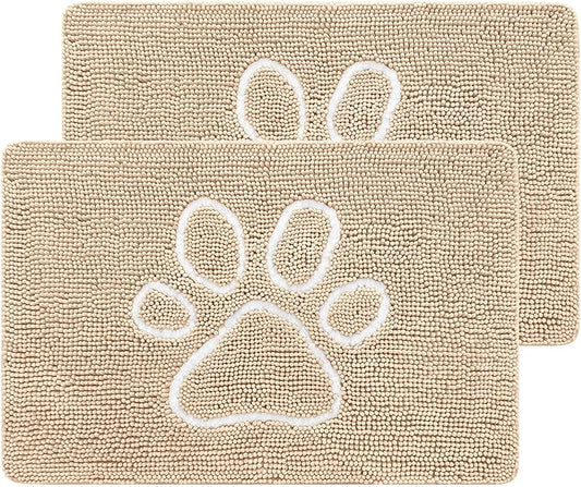 Smiry 2 Piece Dog Door Mat for Muddy Paws, Absorbent Dirt Trapper Non Slip Quick Dry Washable Chenille Mat for Mud Dogs, Entry Rug for Indoor and Outdoor (36x24 Inches, Beige)