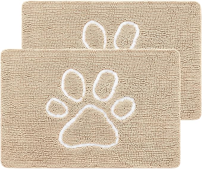 Smiry 2 Piece Dog Door Mat for Muddy Paws, Absorbent Dirt Trapper Non Slip Quick Dry Washable Chenille Mat for Mud Dogs, Entry Rug for Indoor and Outdoor (30x20 Inches, Beige)