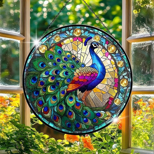Stained Glass Window Hanging, 7.9" Peacock Suncatcher Ornament, Hand-Painted Round Stained Glass, Peacock Themed Gifts for Women & Bestie, Indoor/Outdoor Garden Wall Art & Housewarming Decor