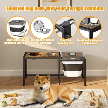 Elevated Dog Bowl with Storage Container - 2-in-1 Raised Dog Bowl Stand with 2 Stainless Steel Food Bowls，15-18 lb Dog Food Storage Bin for Large Breed Dogs, Adjustable Height Feeding Station