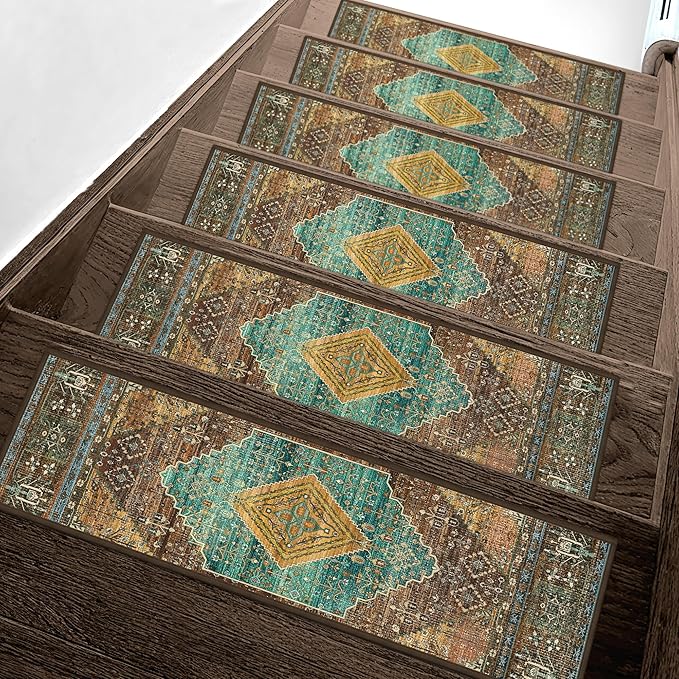 Non Slip Stair Treads for Wooden Steps 15PCS - 8"x30" Indoor Safety Carpet, Edging Mats with TPE Adhesive Backing, Pet and Elderly Friendly Stair Rugs (Amber&Cyan)