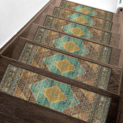 Non Slip Stair Treads for Wooden Steps 15PCS - 8"x30" Indoor Safety Carpet, Edging Mats with TPE Adhesive Backing, Pet and Elderly Friendly Stair Rugs (Amber&Cyan)