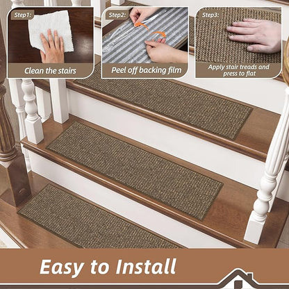 BEQHAUSE Stair Treads for Wooden Steps 28inX9in, Carpet Stair Treads Non Slip Indoor, Machine Washable Stair Runners for Kids Elders and Pets, Carpet for Stair Rugs Mat, TPE Backing, 4pcs, Brown