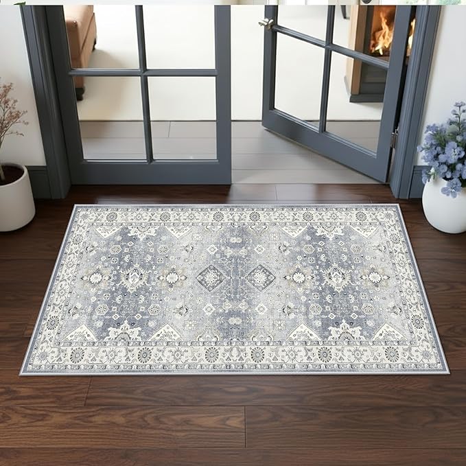 Washable 2x4 Kitchen Sink Rugs: Washable Non-Slip Hardwood Floor Mat for Stove Soft Stain Resistant Carpet Boho Home Decor for High Traffic Area Low-Pile Area Rug for Entryway Foyer(2x4,Grey)