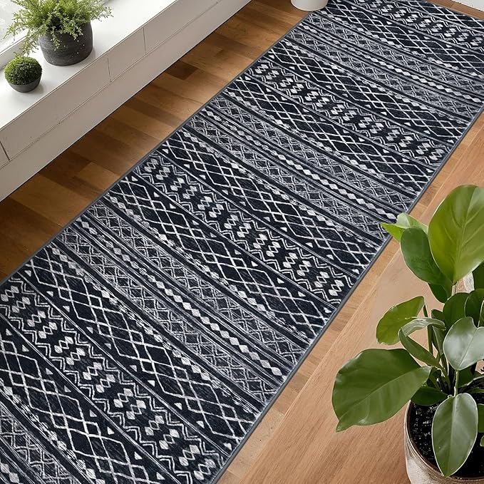 KUTA Long Hallway Runner Rug 2.6x18 Non-Slip Washable, Moroccan Vintage Black Boho Kitchen Rugs Ultra Soft Distressed Geometric Floor Carpet Runners for Bedroom Laundry Stairway Entryway