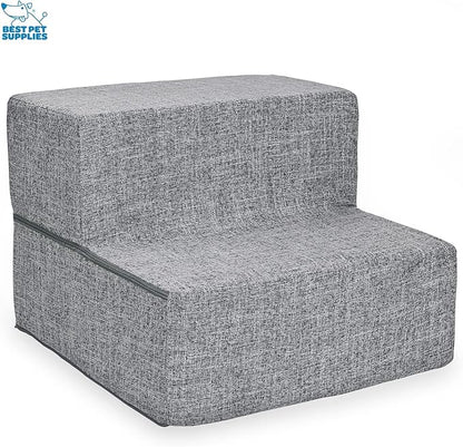 Best Pet Supplies Dog Stairs & Steps - Foam Steps for Small Dogs & Cats, Non-Slip Indoor Balanced Pet Step Support, Dog Ramp, No Assembly, Ash Gray Linen, Foldable 2-Step (12-inch Height)