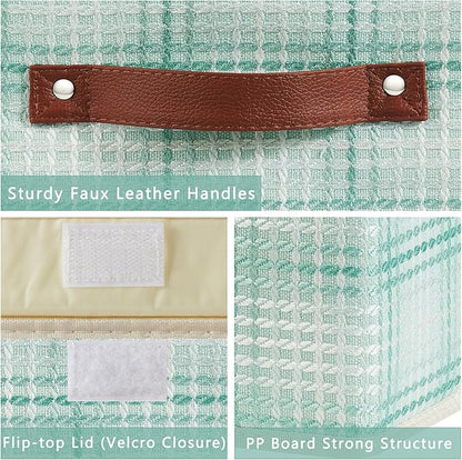 Storage Boxes with Lid 3D Textured Fabric Storage Bins Closet Organizer Containers Decorative Collapsible Washable Shelf Baskets with Faux Leather Handles (Mint Green, Small Size)