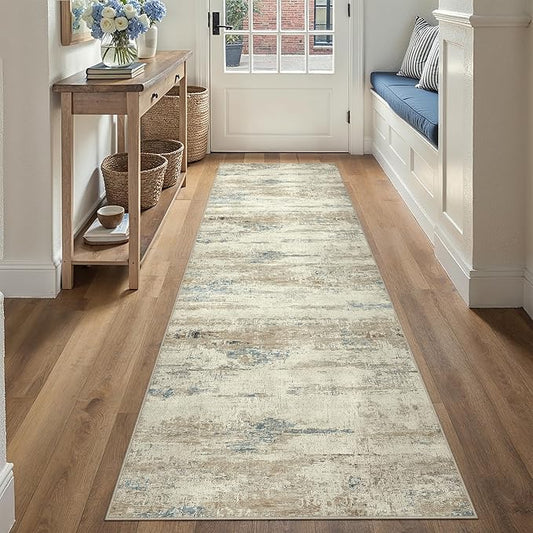 2x8 Runner Rug Washable Beige Brown Abstract Modern Neutral Hallway Carpet Non Slip Soft Low Pile Indoor Kitchen Carpet Contemporary Aesthetic Long Rug Bathroom Bedroom Laundry