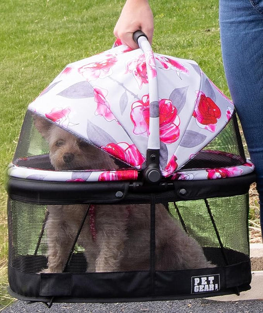 Pet Gear No-Zip View 360 Pet Safety Carrier & Car Seat for Small Dogs & Cats Push Button Entry, View 360 20-inch, Pink Hydrangea
