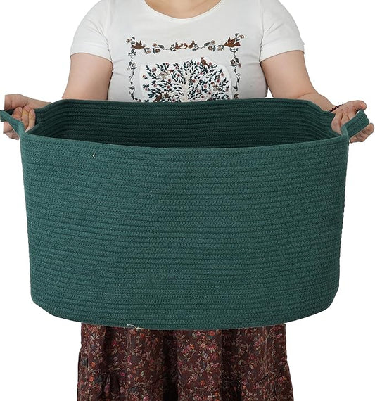 Large Rectangle Blankets Basket Living Room 22"x17"x12" Woven Cotton Rope Storage Basket for Nursery Toy Baskets for Kids and Dogs Wicker Laundry Baskets Bin for Clothes Towels dark green