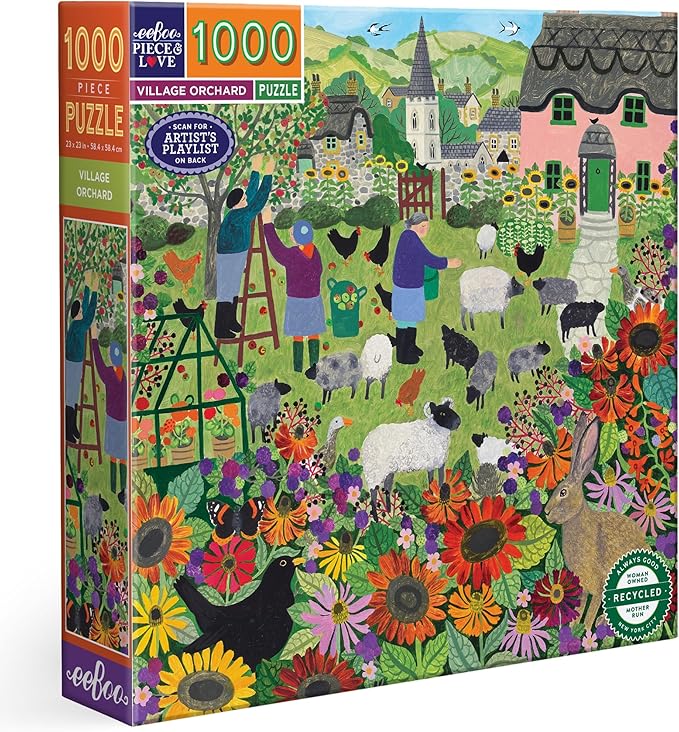 eeBoo 1000 Piece Puzzle - Village Orchard Jigsaw Puzzle for Adults, Square 23" x 23" Made with Recycled Board & Vegetable-Based Ink