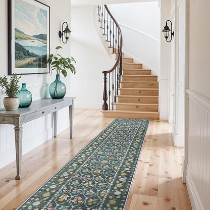 2.6x12 Kitchen Runner Rug Washable - Vintage Non Slip Hallway Rugs Low Pile Carpet for Bedroom Laundry Soft Indoor Floor Mat - Safe Durable Choice for Married Women with Kids & Pets 2’6x12 Green