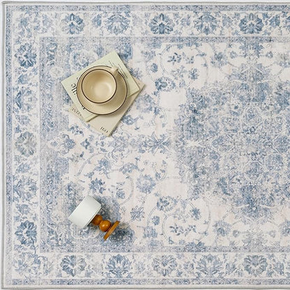 Washable Runner Rug 2x6 for Hallway Blue Vintage Long Carpet Soft Low Pile Non Slip Throw Rug Floral Distressed Accent Rug for Entryway Bathroom Office Laundry Dining Room