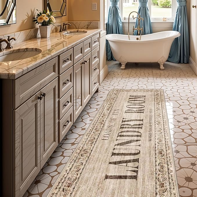 2x6 Runner Rug for Laundry Room - Machine Washable Non Slip Rugs for Mudroom Washroom Ultra Soft Stain Resistant Carpet Farmhouse Durable Home Decor Floor Mat for Bathroom 2x6 Natural Wood Brown