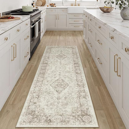 2x6 Runner Rug Beige Washable Hallway Kitchen Carpet Vintage Distressed Small Non Slip Low Pile Thin Bedroom Medallion Accent Throw Rug Laundry Living Room
