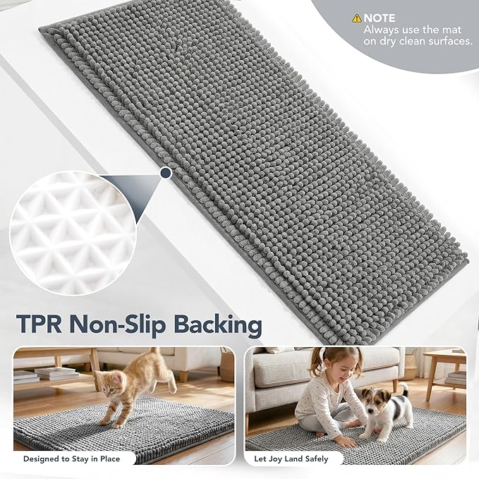 Deconovo Plush Waterproof Mats for Dogs, Absorbent Non-Slip Door Mat for Muddy Paws, 1.1" Thick Indoor Mat, Machine Washable Shaggy Pet Bed Mat, Quick Dry Indoor Entryway Rug, Gray, 32x20 Inch