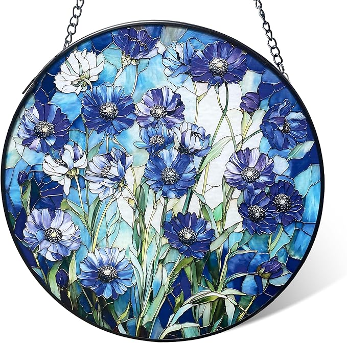Cornflower Blue Suncatcher for Window and Garden - 7.8 in Handmade Stained Glass Suncatcher for Outdoor Decor, Rainbow Maker Gift for Mom, Housewarming, Birthday, Christmas - Home Decor