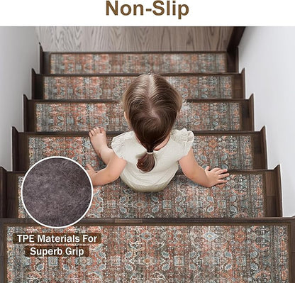 Carpet Stair Treads Non Slip 15PCS, 8" X 30" Edging Stair Runner for Wooden Steps Indoor, Resistant Stair Rug with Reusable TPE Adhesive Backing, Residue Free Mat for Elders, Pets, Terracotta
