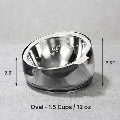 Felli Pet Oblik Acrylic Raised Dog Food Water Bowl Stainless Steel Slanted Oval Dish for Short Leg Puppy & Small Medium Pet, Elevated Tilted Metal Feeder (Smoky, 1.5 Cups Oval Dish)