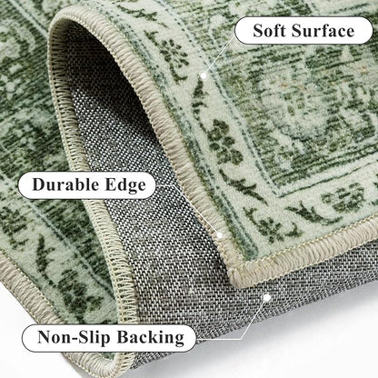 Green Runner Rug 2x6 Washable Vintage Long Carpet Low Pile Traditional Distressed Retro Accent Indoor Hallway Throw Rug Non Slip for Kitchen Laundry Bathroom Dining Room