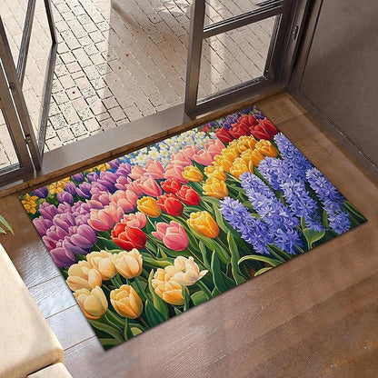 Colorful Flower Field Welcome Mat,Vintage Tulip Floral Indoor Rugs for Entryway,Anti-Slip Low Profile Doormats Porch Mats for Front Door Stairway Rug Living Room Floor Mat 30 x 17 Inch