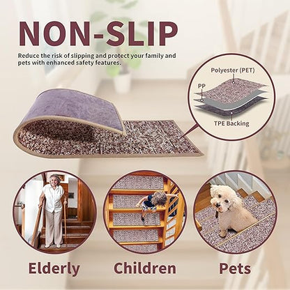 Non-Slip Carpet Stair Treads 15PCS, 8"x30" Peel and Stick Stair Runner for Wooden Steps Indoor, Washable Reusable Adhesive Backing, Pet-Friendly Safety Mats for Kids, Elders, Dogs