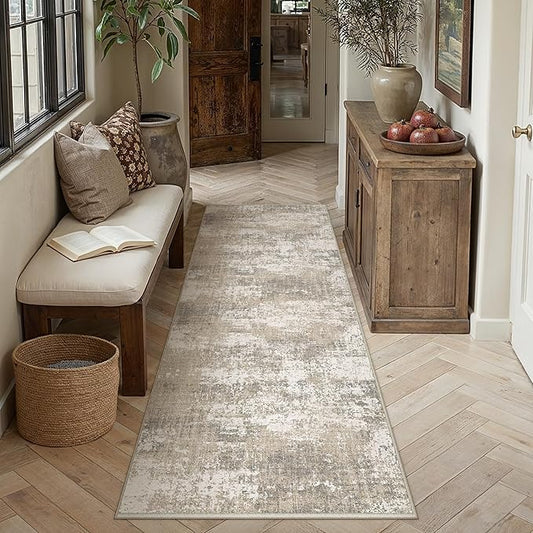 Runner Rug 2x8 Beige Machine Washable Modern Abstract Hallway Carpet Non Slip Neutral Long Carpet Low Pile Soft Non Shedding Contemporary Rug for Bathroom Laundry Kitchen Bedroom