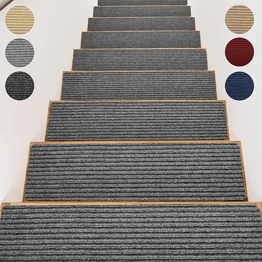 Stair Treads for Wooden Steps - Non Slip Stairs Carpet Tape Peel and Stick with Double Adhesive Tape Set of 15 Stripe- Grey