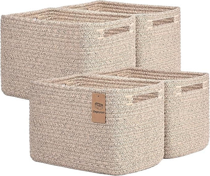 Storage Baskets for Organizing, 4 Pack Baskets for Shelves, Decorative Storage Bins for Shelves, Cotton Rope Storage Basket with Handles, Woven Basket for Storage, 13''Lx8.7''Wx7.9''H, Brown