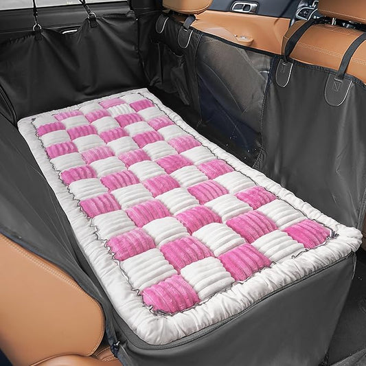 Backseat Dog Bed Mat, Non-Slip Dog Bed for Car Back Seat, Soft & Cozy Dogs Blanket, Washable Travel Pet Mat Seat Protector for Cars, SUVs, Trucks (Pink/White, 51.1" L x 23.6" W x 1.5" Th)