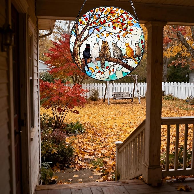 Stained Glass Suncatcher Window Hanging - 6 Cats on a Branch, Cat Lover Gifts for Women Men Mom, Home Decor for Window Door, Christmas Birthday, 7.87x7.87 in