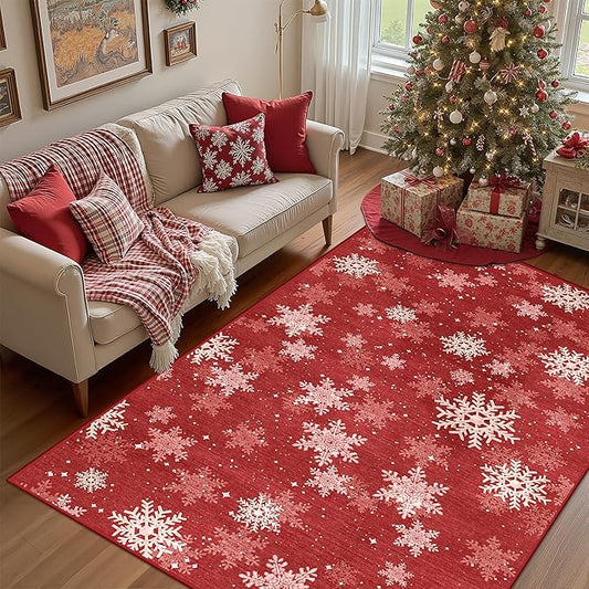 3x5 Christmas Area Rug for Entryway, Soft Kitchen Rugs Non Slip for Dining Room, Washable Snowflake Doormat, Red and White Christmas Porch Decor Indoor(3'x5', Red/White)