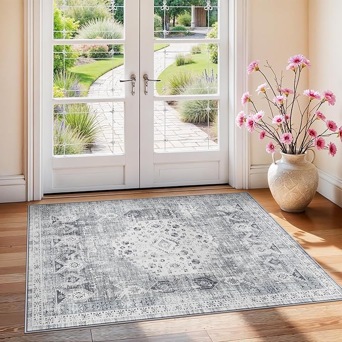 RUUGME 3x4 Washable Area Rug: Indoor Soft Low Pile Carpet for Kitchen Entryway Bedroom Non Slip Stain Resistant Rugs for Laundry Bathroom Vintgae Distressed Home Decor Floor Mat 3x4 Grey