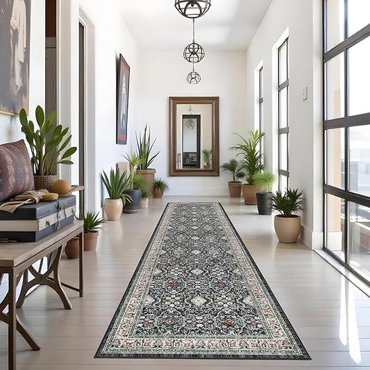 3x12 Washable Hallway Runner Rug: Oriental Long Ultra Soft Runners for Entryway Kitchen Thin Stain Resistant Low Pile 12ft Carpet for Living Room Bedroom Non Slip Bathroom Floor Mat(Black/Green,3x12)