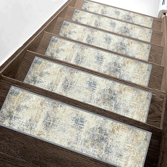 Carpet Stair Treads Non Slip 15PCS, 8" X 30" Edging Stair Runner for Wooden Steps Indoor, Resistant Stair Rugs with Reusable TPE Adhesive Backing, Residue Mat for Elders, Pets, Ivory/Denim