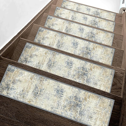 Carpet Stair Treads Non Slip 15PCS, 8" X 30" Edging Stair Runner for Wooden Steps Indoor, Resistant Stair Rugs with Reusable TPE Adhesive Backing, Residue Mat for Elders, Pets, Ivory/Denim