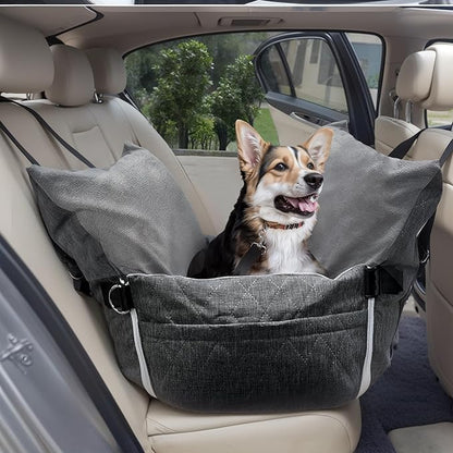 Johnear Dog Car Seat for Medium Dog Under 55 lbs, Winter Warm Pet Booster Seat Pet Travel Car Bed with 2 Pockets Safety Leash，Detachable and Waterproof Dogs Carrier Handbag Plush Seats Cushion Gray