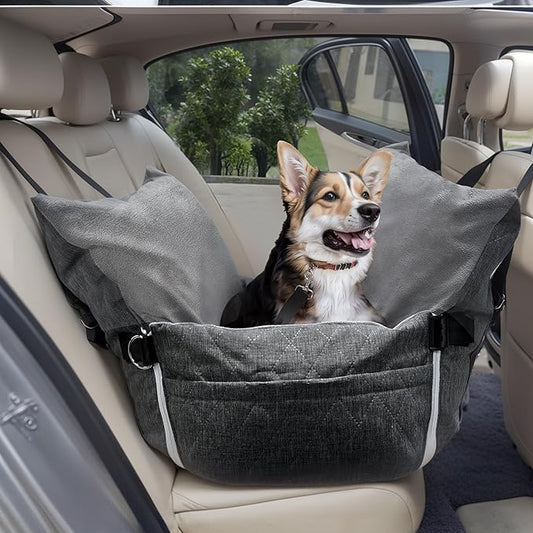 Johnear Dog Car Seat for Medium Dog Under 55 lbs, Winter Warm Pet Booster Seat Pet Travel Car Bed with 2 Pockets Safety Leash，Detachable and Waterproof Dogs Carrier Handbag Plush Seats Cushion Gray