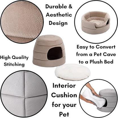 BIRDROCK HOME 2 in 1 Pet Bed for Cats or Small Dogs - Cozy Cat Cave or Plush Dog Bed - Indoor Teepee House for Pets (15 Inch Wide, Beige)
