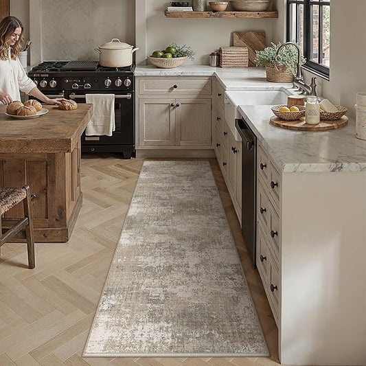Runner Rug 2x8 Beige Machine Washable Modern Abstract Hallway Carpet Non Slip Neutral Long Carpet Low Pile Soft Non Shedding Contemporary Rug for Bathroom Laundry Kitchen Bedroom
