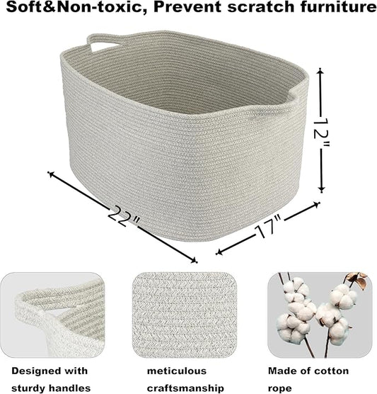 Large Rectangle Blankets Basket Living Room 22"x17"x12" Woven Cotton Rope Storage Baskets for Nursery Toy Baskets for Kids and Dogs Laundry Basket Bin for Clothes Towels grey