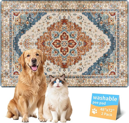 Washable Pee Pads for Dogs, Reusable Puppy Potty Training Pads, Ultra-Absorbent Thick Waterproof Leak-Proof Non-Slip Pads & Mat for Crate, Playpen, Floor, Whelping & Housebreaking , 2 Pack 48"x72"