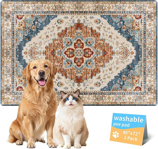 Washable Pee Pads for Dogs, Reusable Puppy Potty Training Pads, Ultra-Absorbent Thick Waterproof Leak-Proof Non-Slip Pads & Mat for Crate, Playpen, Floor, Whelping & Housebreaking , 2 Pack 48"x72"